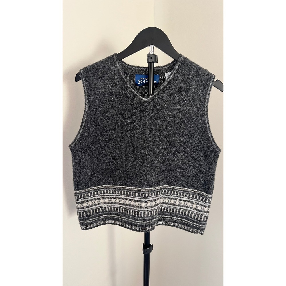 Express Bleus Vintage 100% Wool Fair Isle Sweater Vest Gray V-Neck Large